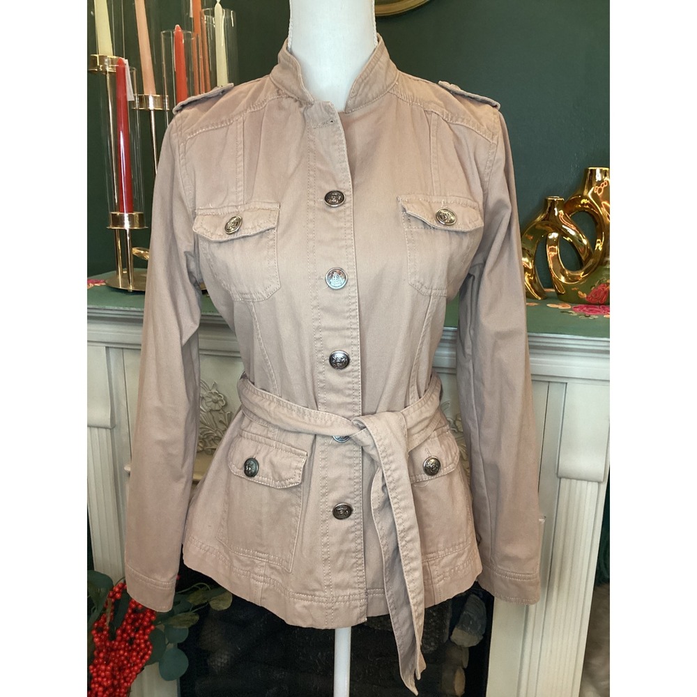 Finesse Women's Tan Utility Belted Jacket Size‎ L Military Style Button Up